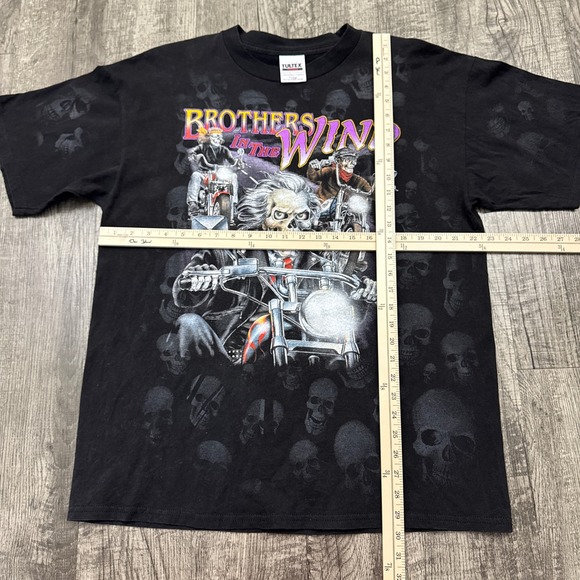 Vintage Brothers in the Wind Biker Skeleton Skulls AOP Motorcycle Biker T Shirt - Picture 3 of 6